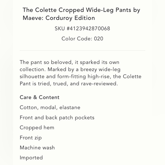 Anthropologie The Colette Cropped Wide-Leg Pants Corduroy Edition Size 28 NWT - Picture 4 of 15